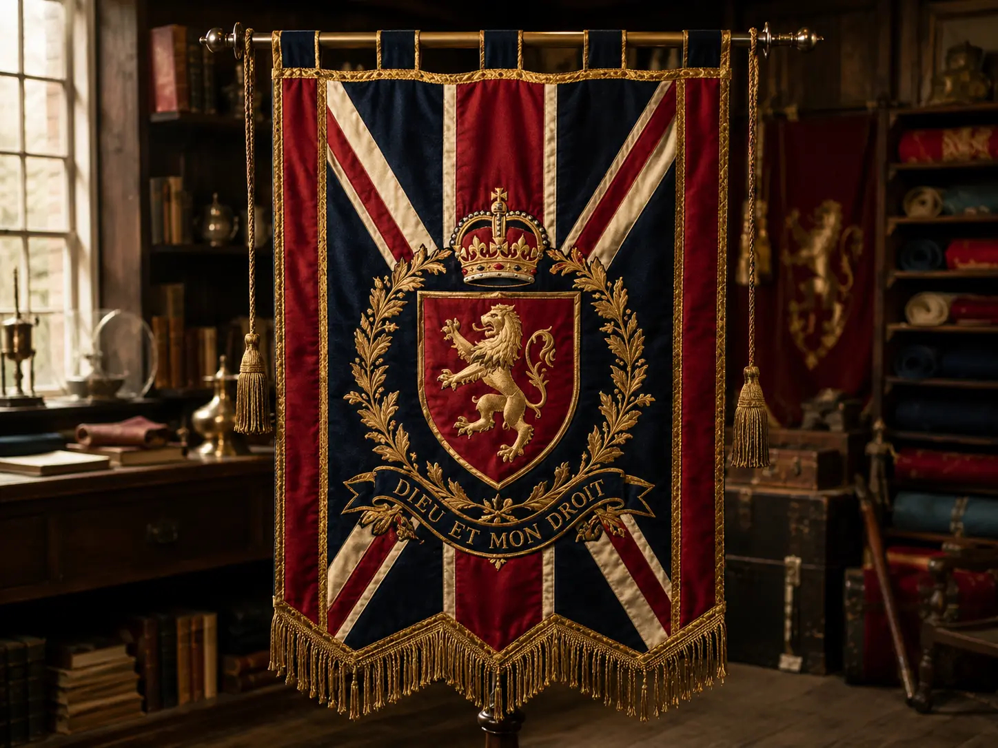 Illustrative dark ceremonial banner with heraldic detailing